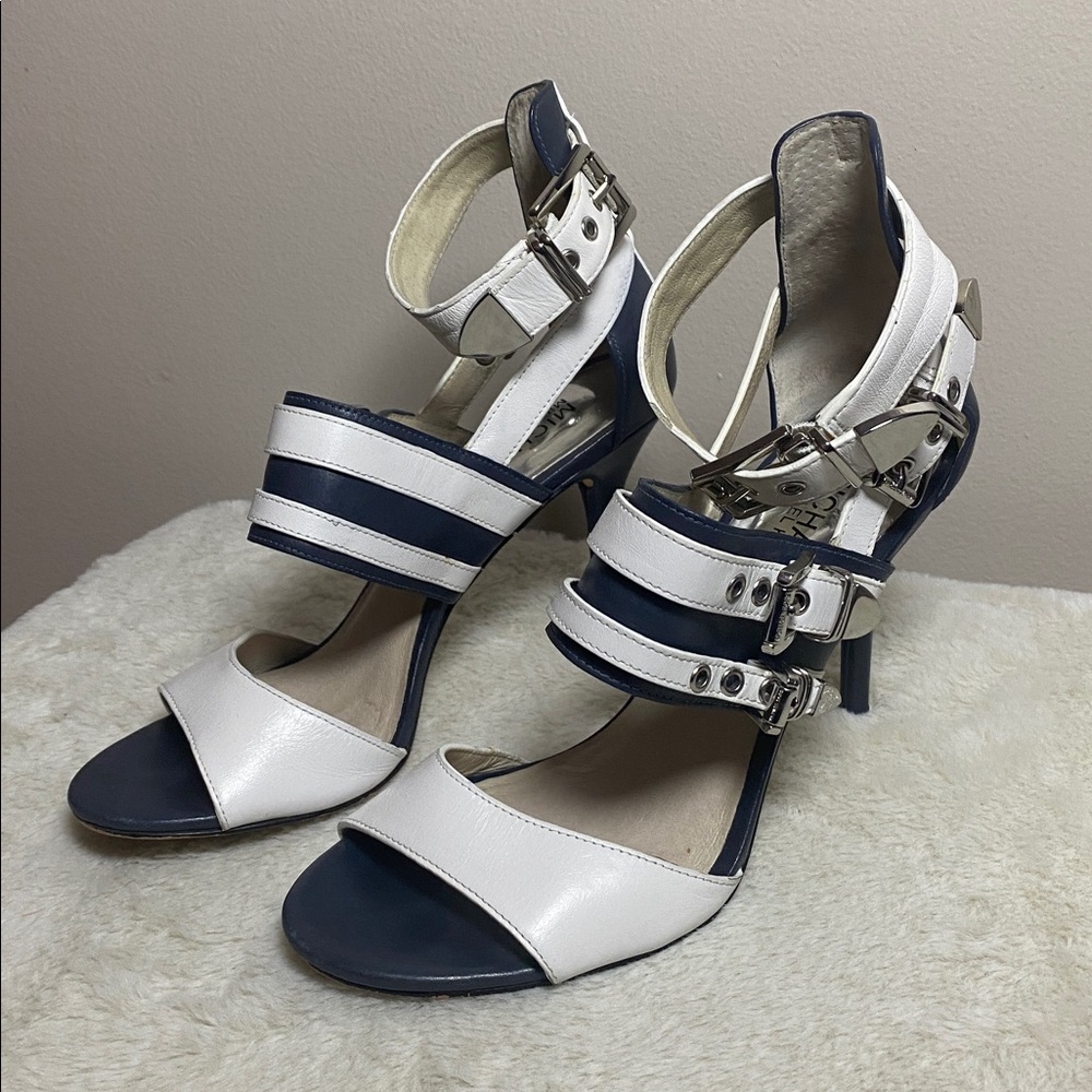 Michael Kors Navy & White Leather Buckle High Heels Sz 7 Cassie Heeled Sandal